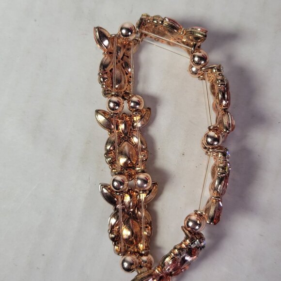 Rose Gold Tone Floral Rhinestone Stretch Bracelet With Clear & Pink Gemstones - Picture 4 of 4